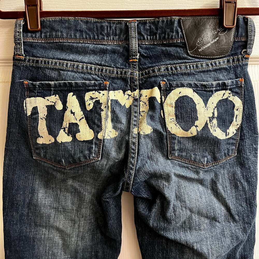 ULTRA RARE~ED HARDY~ TATTOO JEANS ~ SKINNY RAW HEM ~ MIXED MEDIA ~ DOVE~28 - Picture 3 of 16